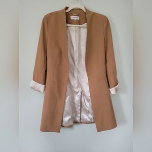 Calvin Klein Camel Open-Front Long Blazer
